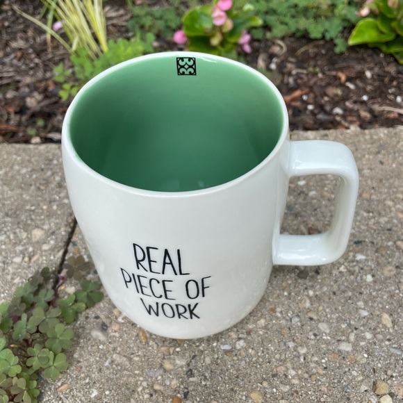 MARY SQUARE NWT ceramic mug “real piece of work” green interior black embossed - Picture 3 of 7